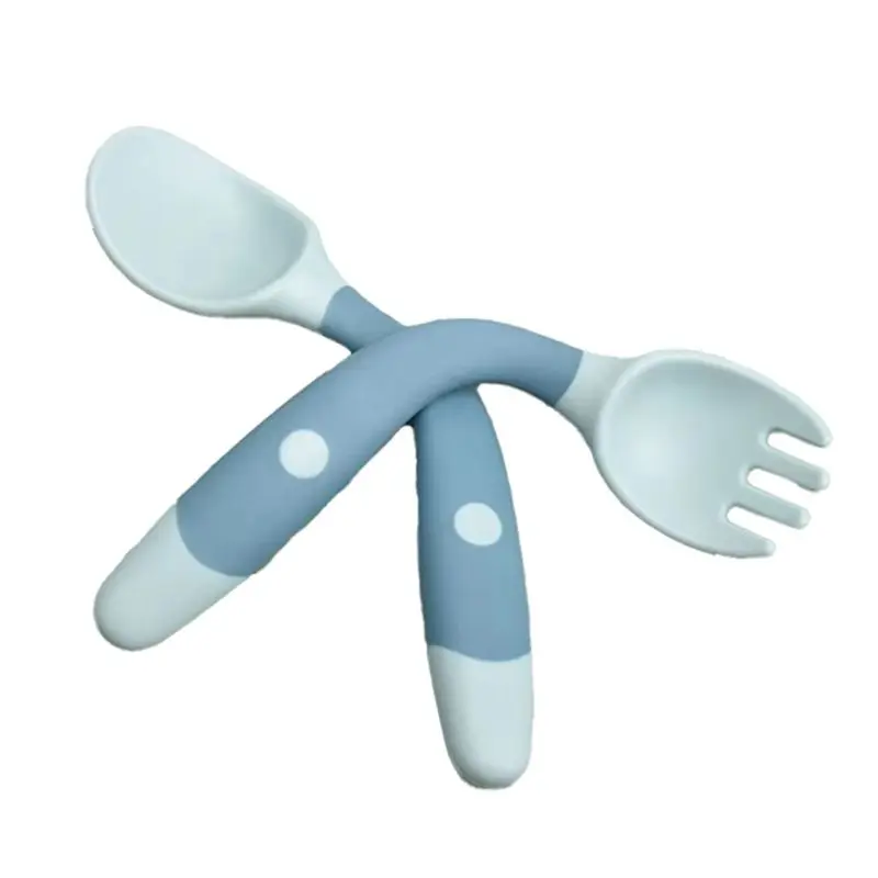 A07I Silicone & PP Children's Training Tableware Set - Soft Twist Fork And Spoon For Learning To Eat