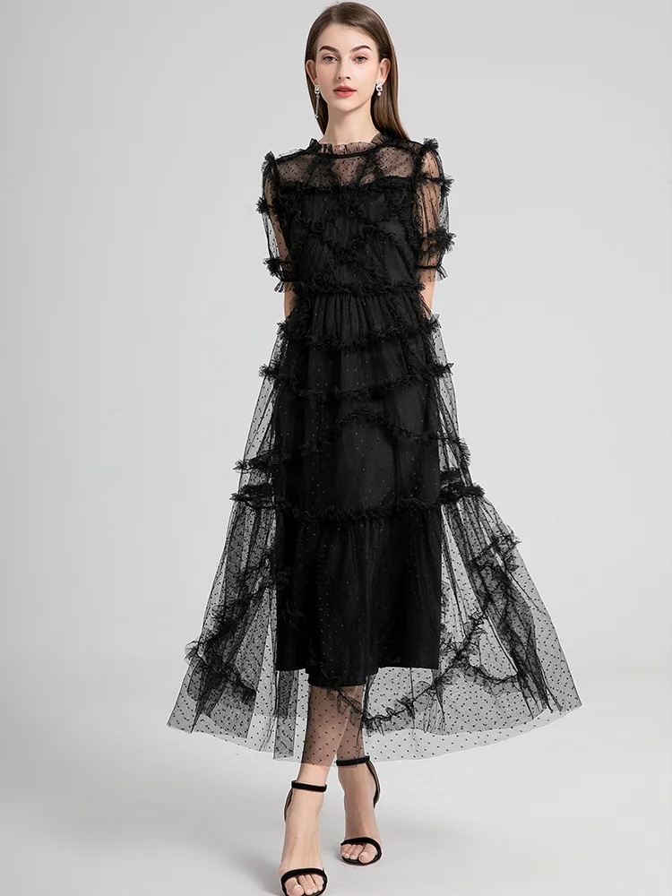 Long Summer Cake Prom Dress Women\'s Elegant Dot Robe Luxury Ruffles Gauze Mesh Embroidery Edible Tree Fungus Wedding Vestido