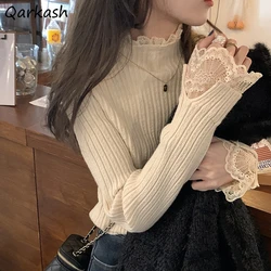 Lace Ruched Ruffle Knitted Pullovers Women Slim Leisure Soft Basic Tops Chic Ribbed Korean Style Knitwear Solid Fashion Sweaters