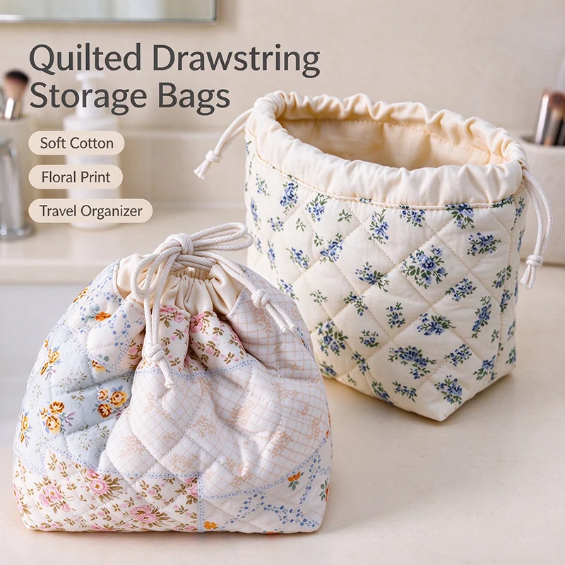 Drawstring Bag Floral Print Large Capacity Cosmetic Pouch Portable Cinch Makeup Storage Organizer for Travel Gym Home Toiletries