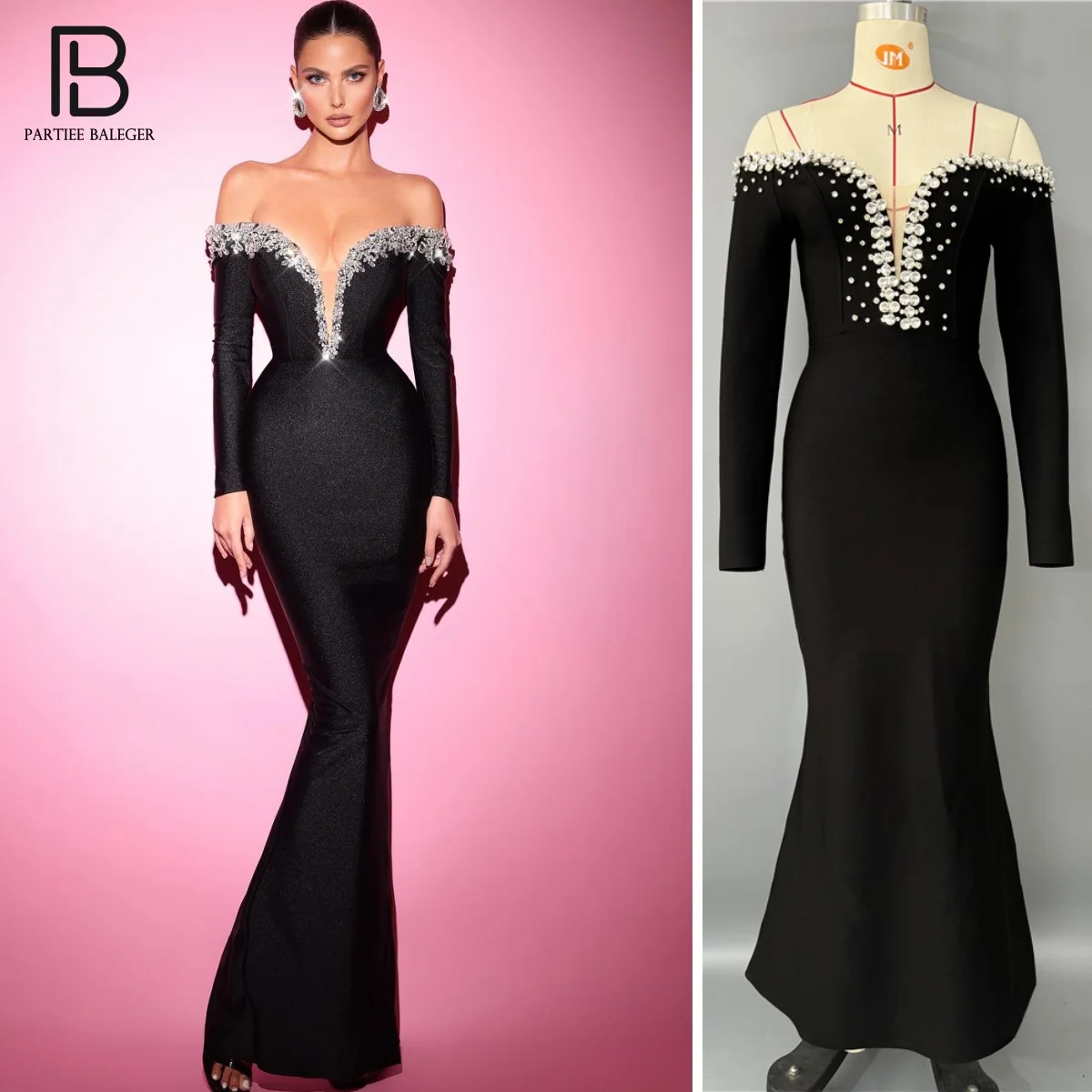

PB Fashion Black Off-Shoulder Long-Sleeve Mermaid Dress with Crystal Embellishments for Red-Carpet Events & Formal Galas