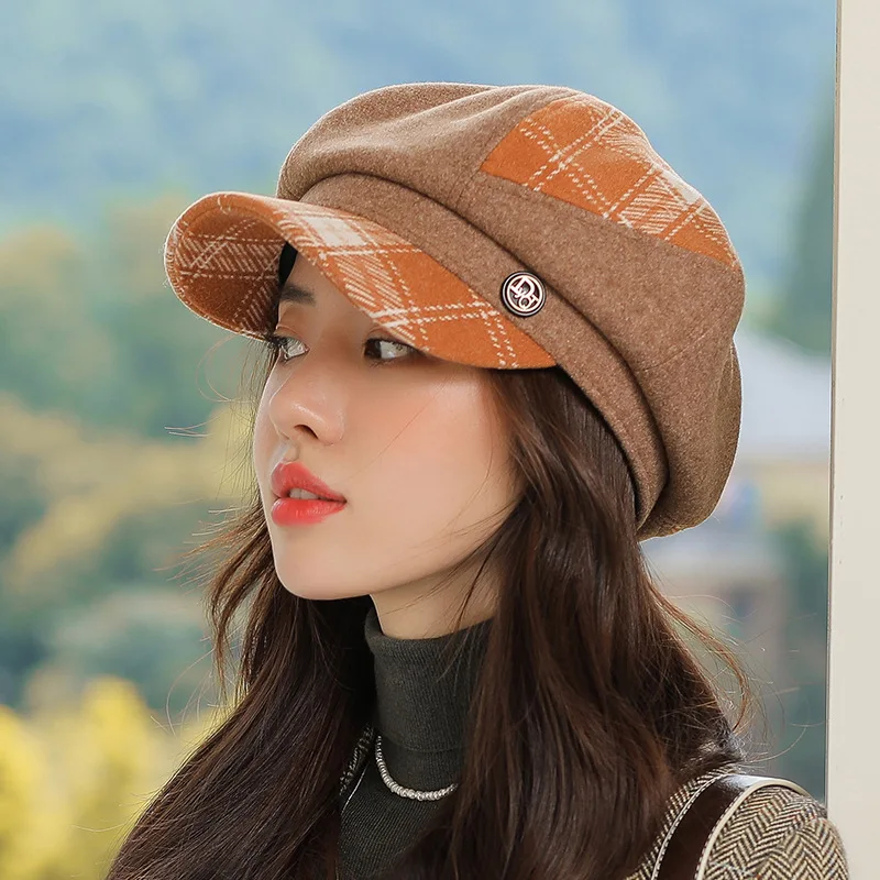 2021 New Cap Visors for Women Woolen Plaid Vintage Spring Autumn Navy Caps Flat Top Classic Beret British Newsboy Octagonal Hat