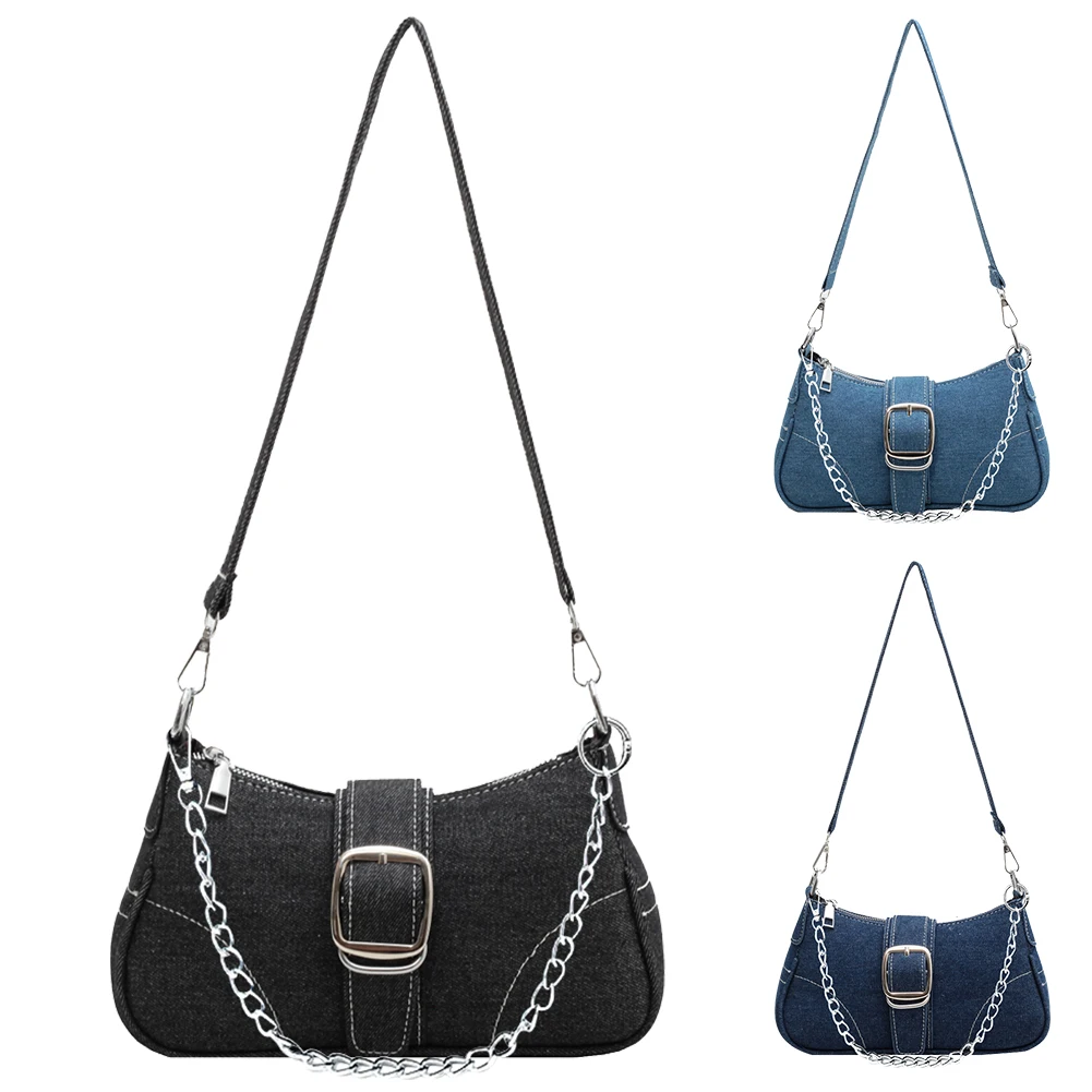 Women Denim Shoulder Bag Buckle Decor Retro Tote Handbag Fashion Denim Underarm Bag Casual Evening Satchel Bag