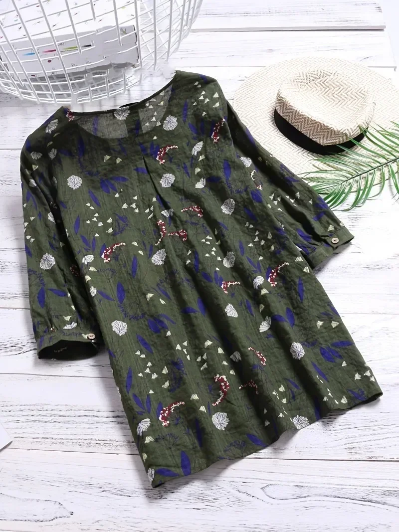 Women\'s 1XL-8XL Plus Size Blouse  Fashion Floral Printed 3/4 Sleeve Shirt Loose Retro Color Shirt Ladies Blouse Tops