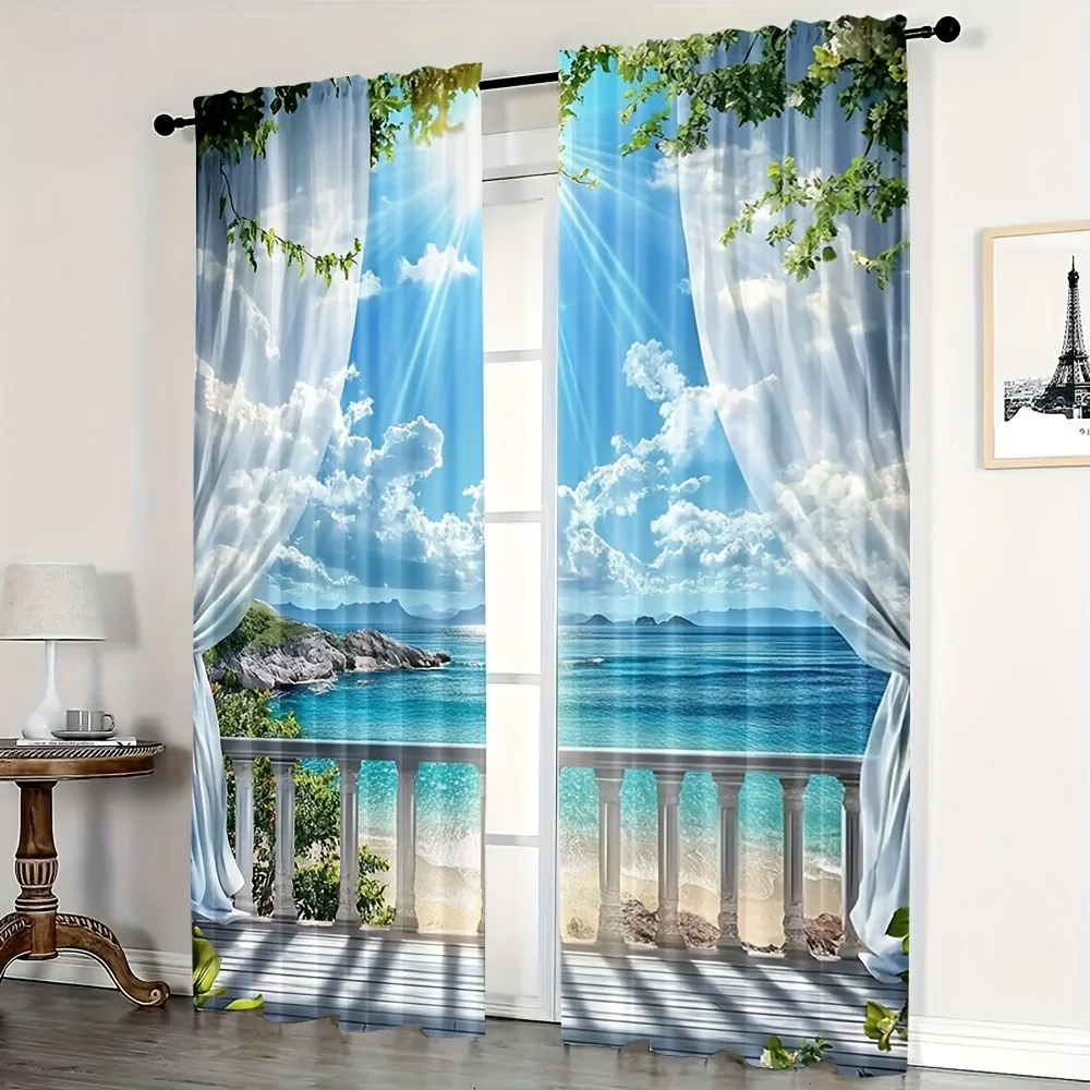 

2pcs Ocean View Balcony Curtains Peach Skin Polyester 3D Scenic Living Room Bedroom Home Decor
