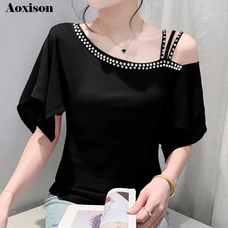 

2024 New Summer European Clothes T-Shirt Chic Sexy Off Shoulder Spliced Diamonds Women Tops Ruffles Chiffon Sleeve Shirt