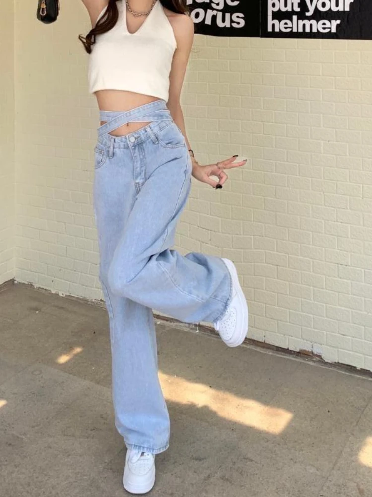 Irabeezt High Waist Jeans Women Casual Straight Wide Leg Pants Strap Design American Loose Trousers High Street 2023 Summer