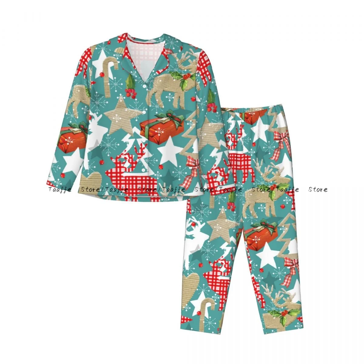 Christmas Reindeer Forest Collage Vintage Womens Pajamas Loungewear Two-piece Sleepwear Button-Down Full Sleeve Long Pajamas Set