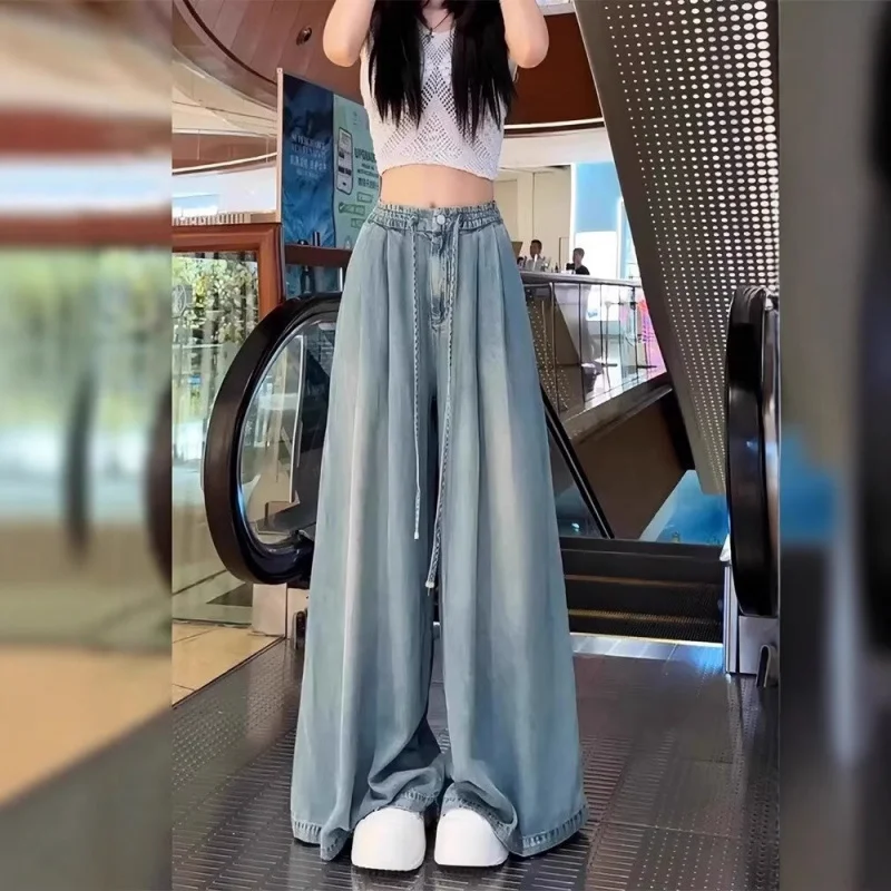 

Женские светло-голубые широкие джинсы с высокой талией и завязками, свободные джинсовые брюки, повседневная уличная одежда, повседневная одежда