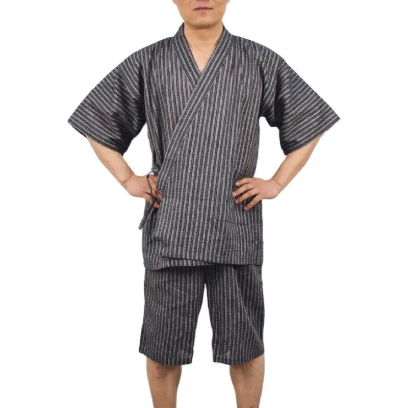 Men's Kimono Short Summer Cotton Striped Pajama Set