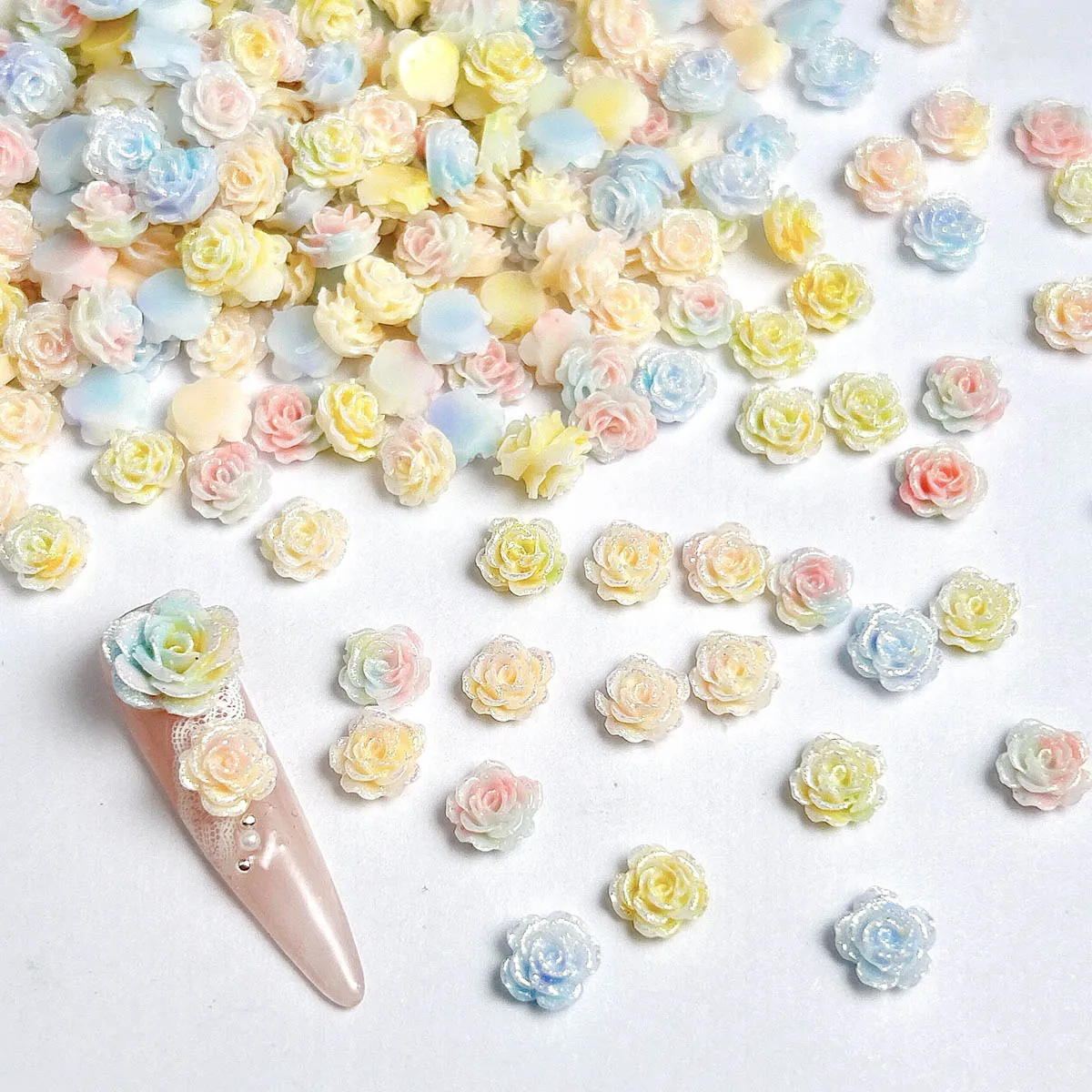 Macaron Colored Fine Glitter Rose Resin Nail Charms Sweet Simulated Luminous Soft Floral Nail Art Decorations DIY Fairy Nails