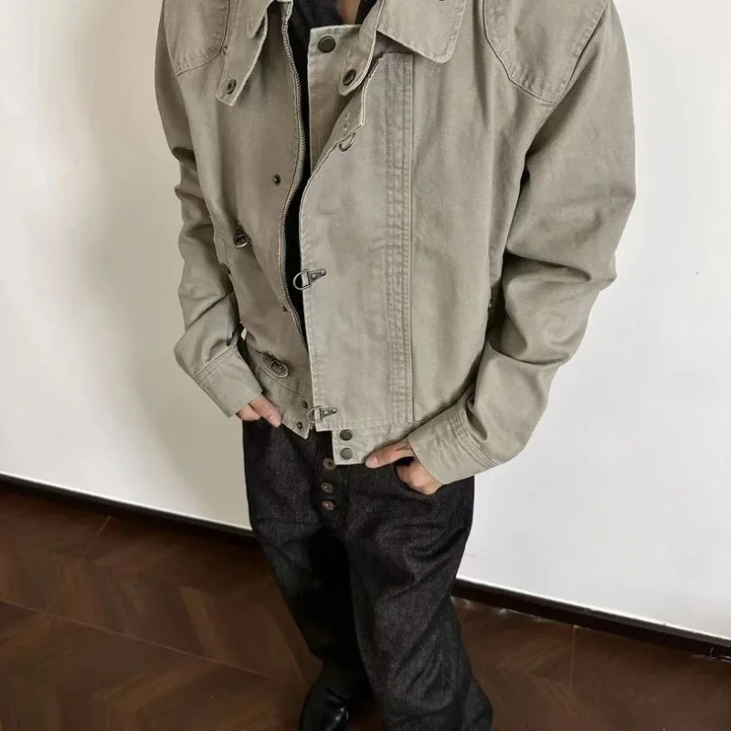 سترة Harajuku للرجال بياقة مقلوبة، معطف عمل قصير أمريكي عتيق، ملابس خريفية غير رسمية فضفاضة، ملابس خارجية عصرية #2
