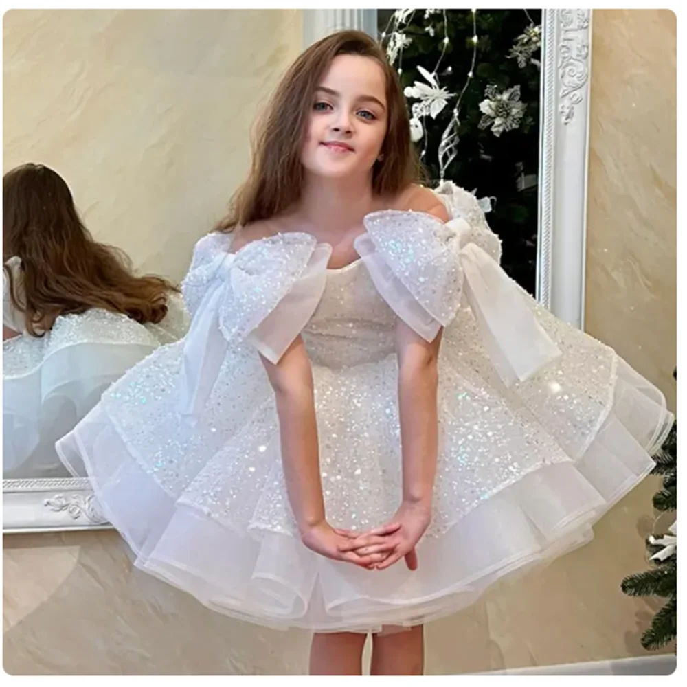 Sparkly White Flower Girl Dress Big Bow  Princess Kids Wedding Birthday Party Gown First Communion Pageant Banquet Performances