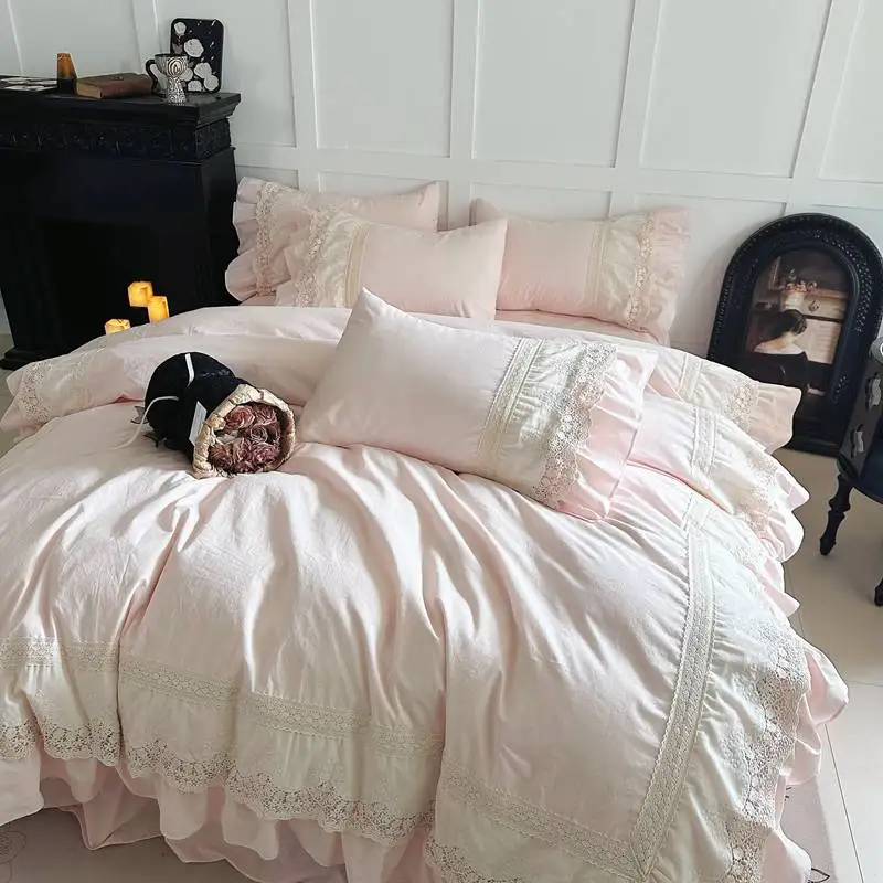 Pink Luxury Princess Wedding Lace Ruffles 100% Cotton Bedding Set Duvet Cover Bed Sheet/Bed Skirt/Fitted Sheet Pillowcases 4Pcs