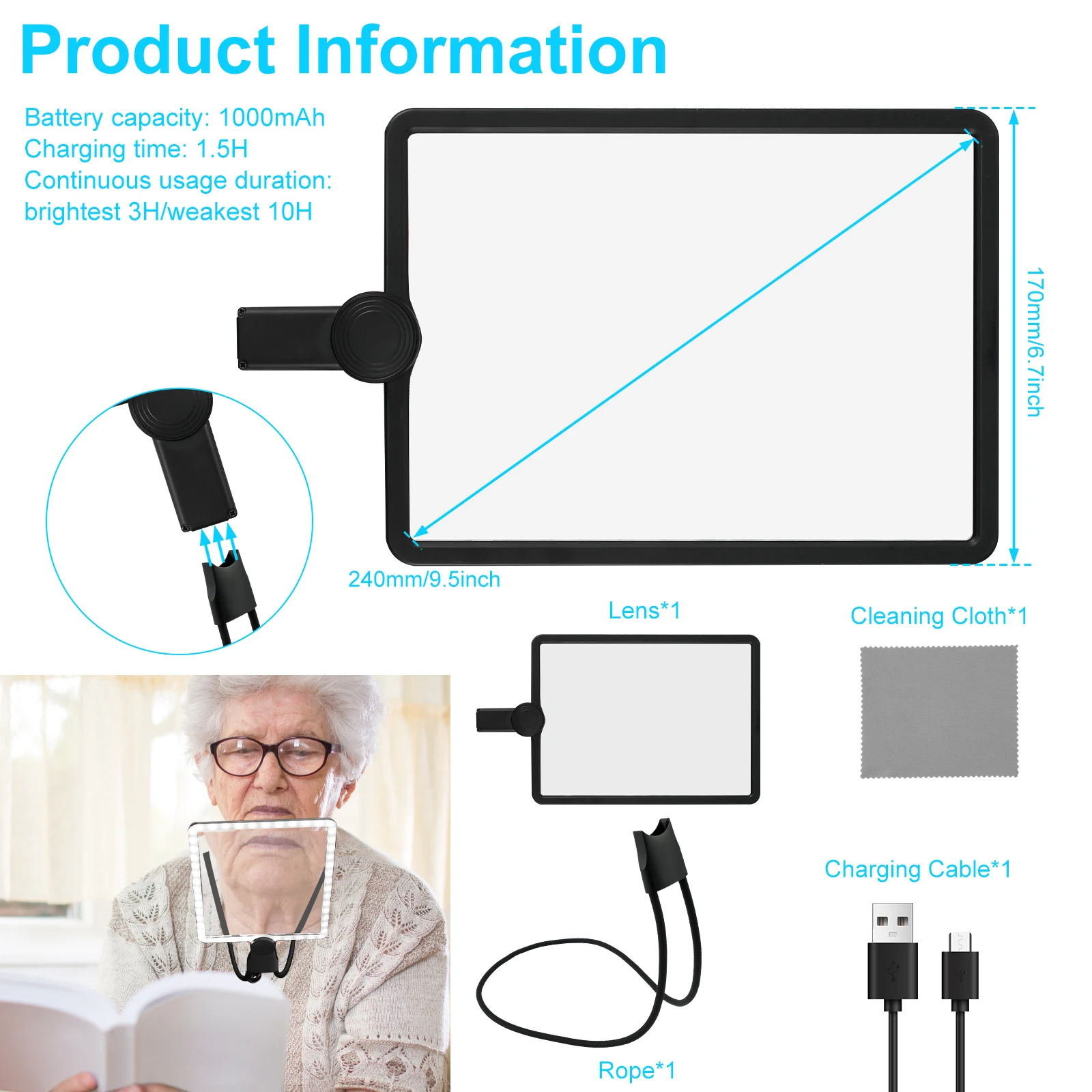 Hands Free Magnifying Glass 5X Dimmable Neck Wear Magnifier Square LED Magnifying Glass Full Book Page Reading Magnifier