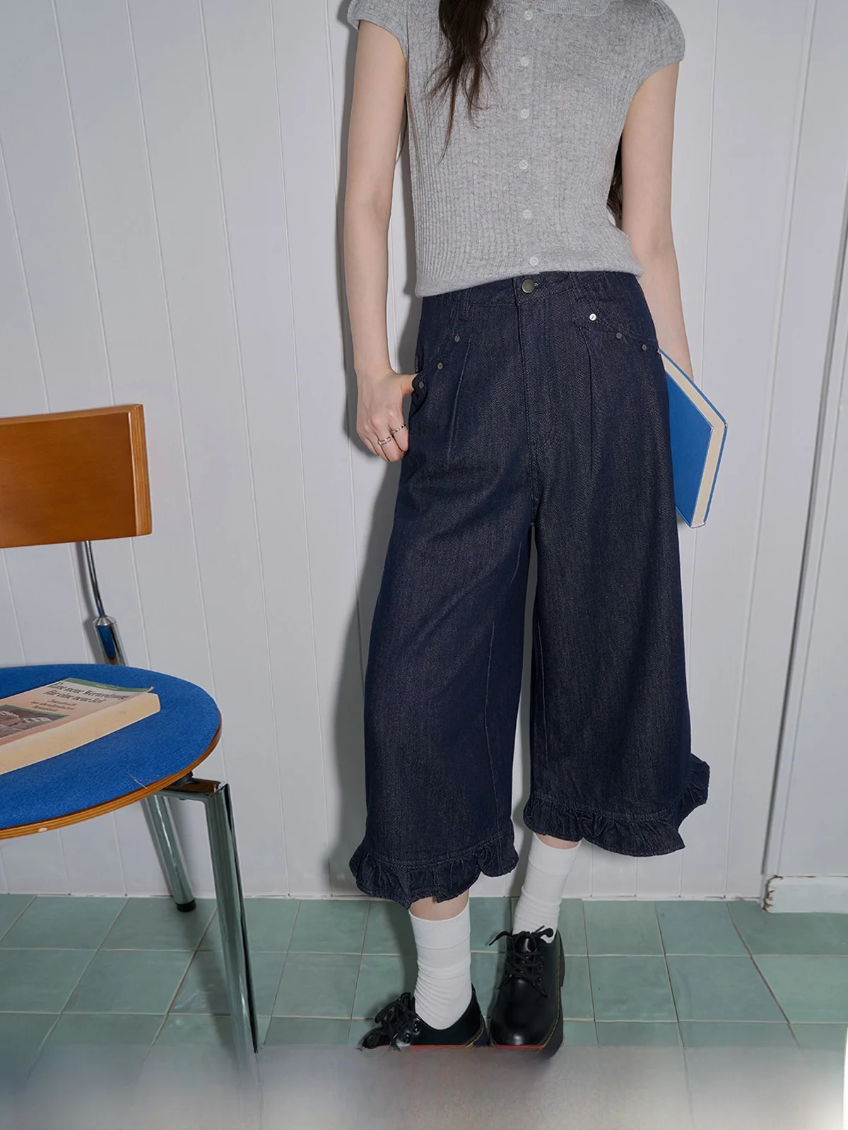 

Женские летние джинсы с высокой талией, свободного кроя, широкие штанины 7 дюймов, с кружевной отделкой, винтажный синий цвет