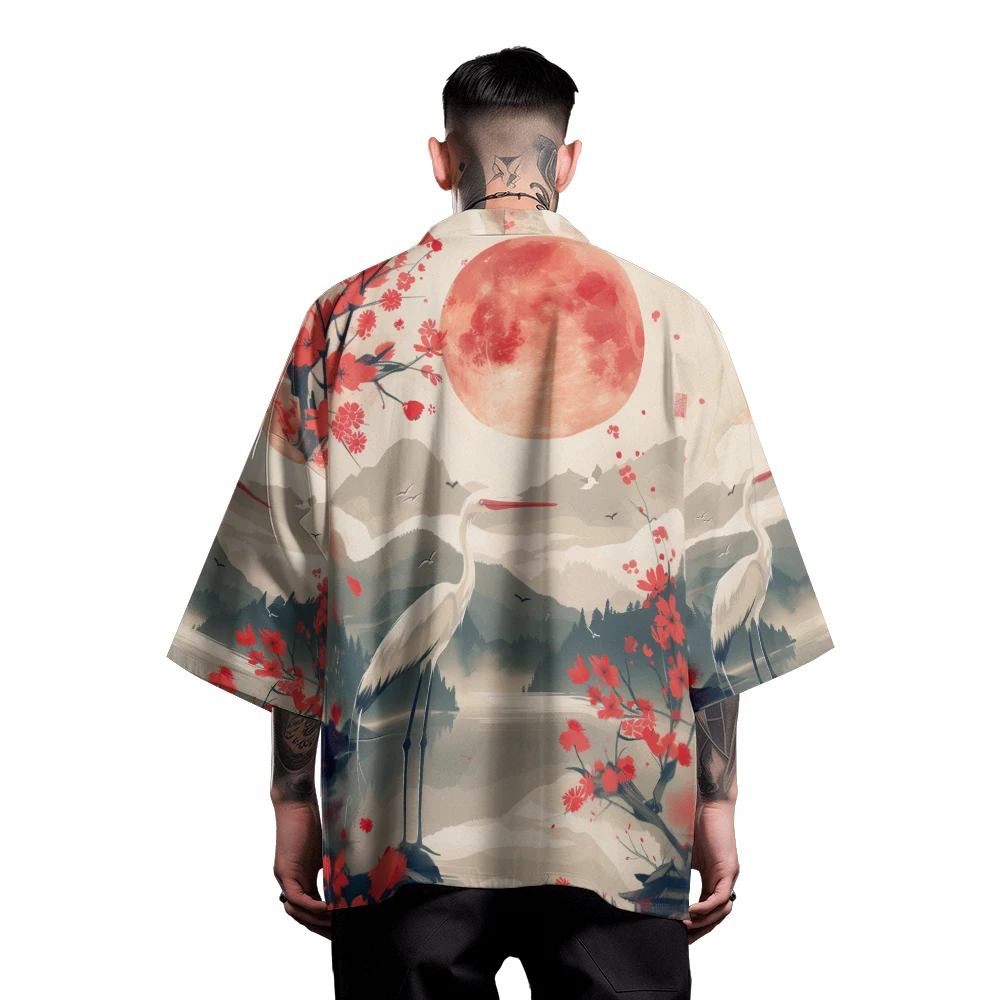 Classic Chinese Style Design Sense of National Tide Sunset Fairy Crane Robe Men's Fashion Design Casual Kimono Men's Tops