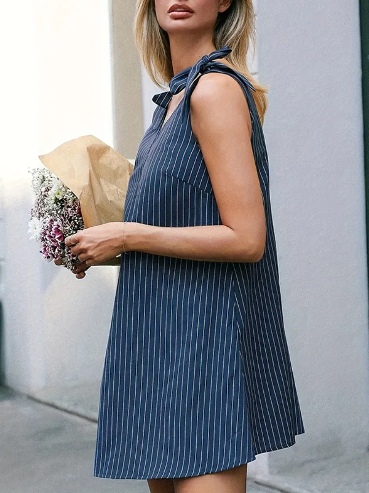 Onecozyday verão feminino listrado acima do joelho vestido bowknot com decote em v sem mangas solto ajuste vestido 2025 casual streetwear vestido