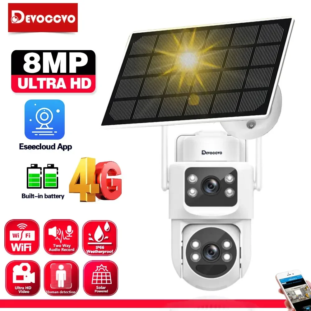 4K 4G Sim Solar Wireless Surveillance Camera Outdoor CCTV PTZ Camera PIR Human Detection Color Night Vision Security Protection