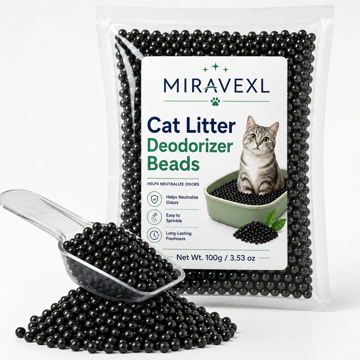 Cat Litter Deodorizer Beads, 100g Pouch, Unscented Odor Neutralizer for Litter Boxes, Low-Dust Long-Lasting Freshness