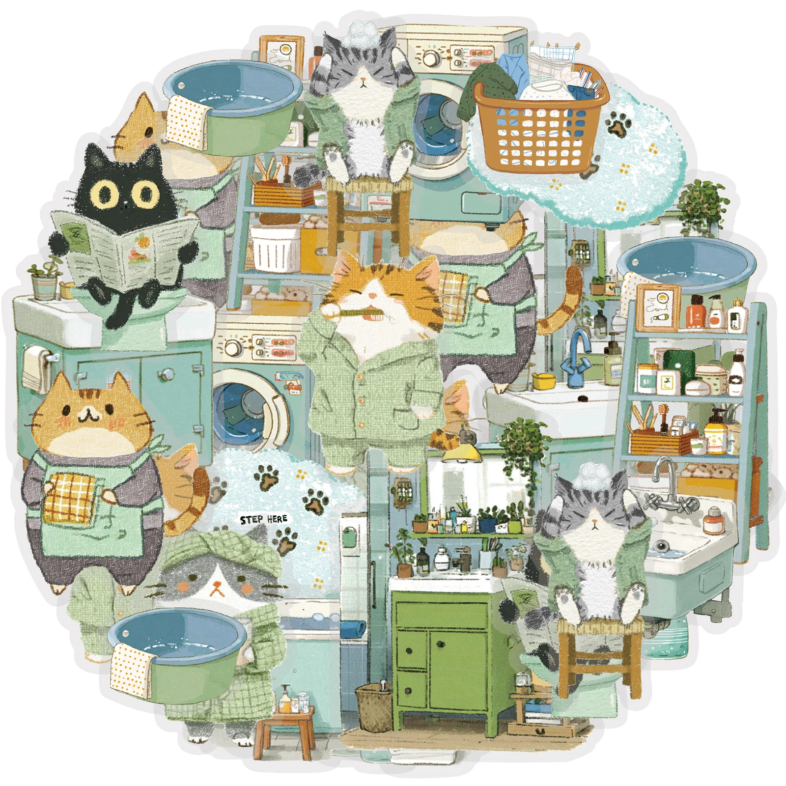 Etori Life 15Pcs Japanese-Style Cartoon Cat and Kitchen/Bathroom Pattern Pet Journal Decoration DIY Stickers Suitable for Notebooks, Luggage, Skateboards, Handmade Scrapbooks, Home Decoration, Accounting Supplies, Cute Creative Die-Cut Stickers, Korean Stationery, Waterproof Stickers