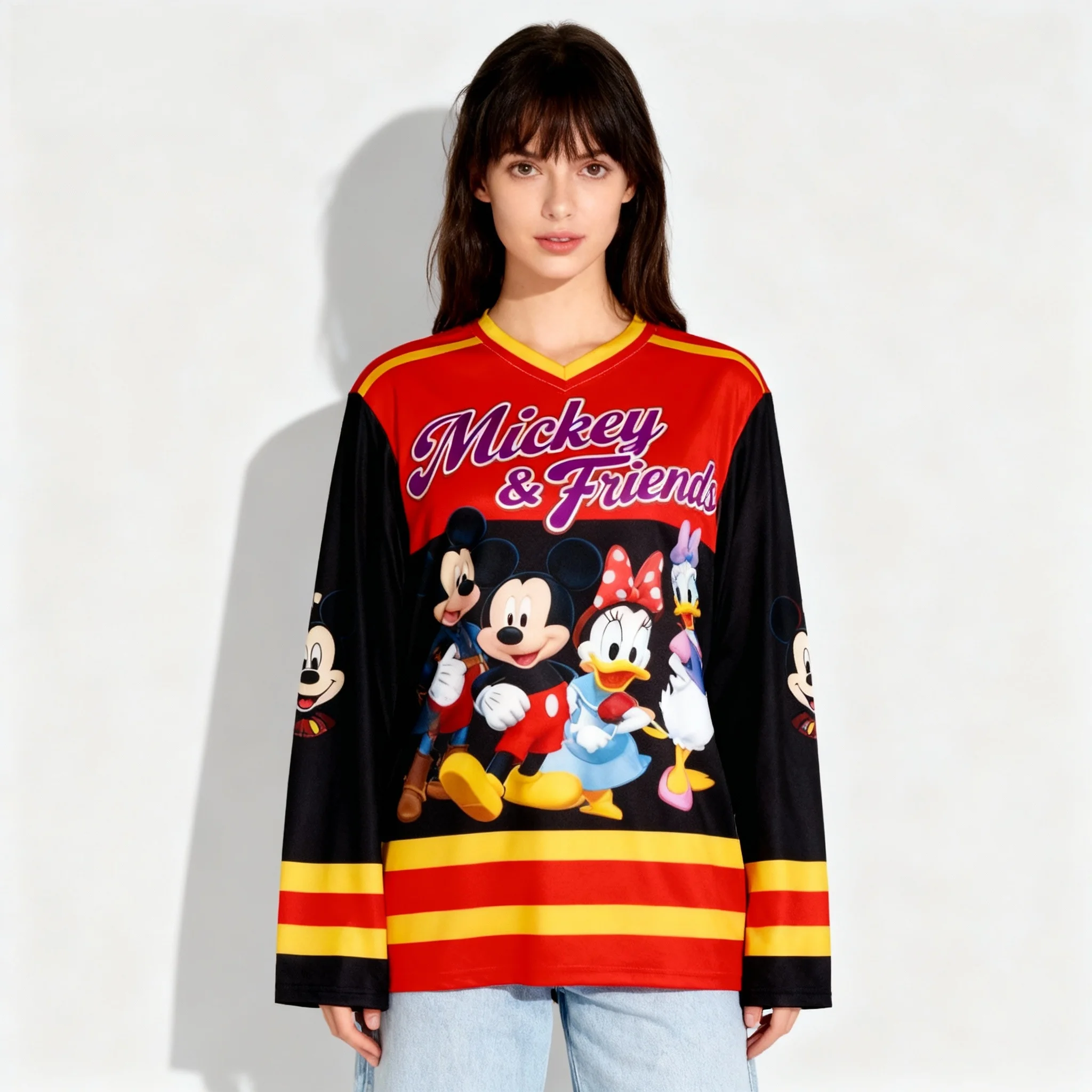 الخريف/الشتاء فيلم ديزني مولان وسندريلا سلسلة الخامس الرقبة طويلة الأكمام تي شيرت الشارع المتضخم النساء الكبار نفس النمط #3