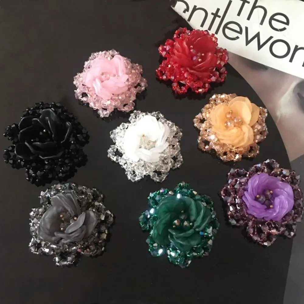 decorative Colorful Woven Texture Rhinestone Beaded Patches Handmade DIY Floral Applique Sweet Flower Brooch Sewing Decoration