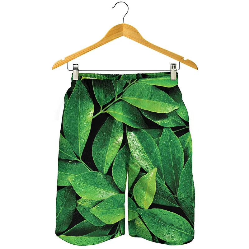 Fresh Green Leaf Graphic Beach Shorts Men Fashion 3D Printed Plants Board Shorts Summer Swimming Trunks Street Short Pants