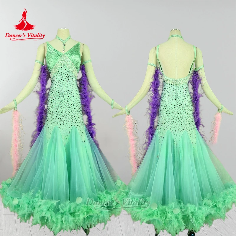 فستان قياسي للرقص الاجتماعي بحاشية سفلية بدون ظهر فستان راقي مخصص للنساء الفالس فوكستروت رشيق الملبس حيوية الراقصة