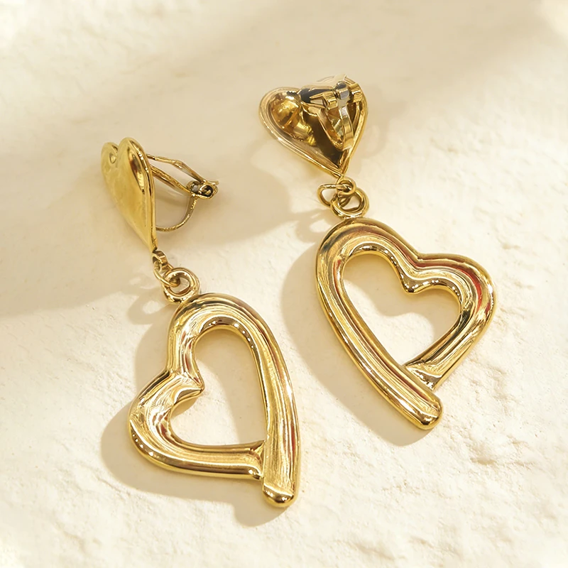 Trendy Stainless Steel 18K Gold Plated Hollowed Out Hearts Ear Clips Waterproof Non Piercing Clip on Earrings for Women Jewelry