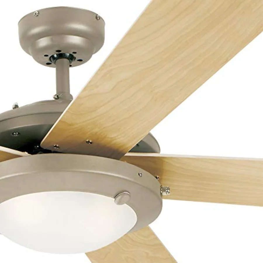 Indoor ceiling fan with light for residential use, brushed pewter metal finish, quiet operation and energy-efficient LED lighti