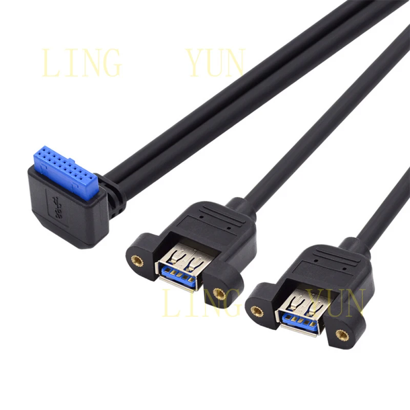 Z  CY Angled 19/20Pin Header to USB 3.0 Dual Ports Screw Mount Type Cable 5Gbps
