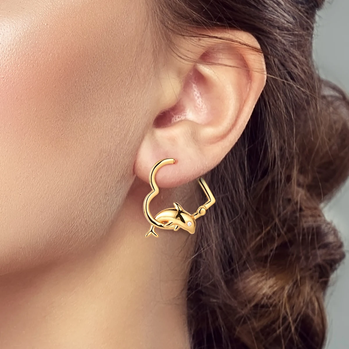 

Gold Earring 925 Silver Original Heart Hoop Earring Dolphin For Woman Fine Jewelry