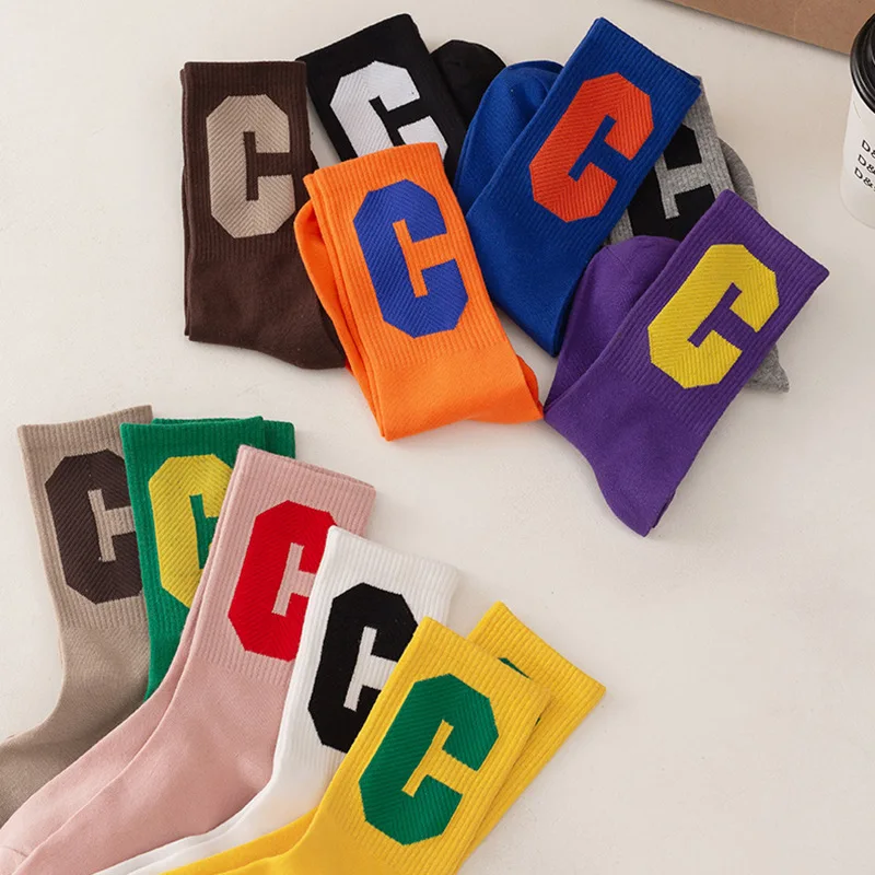 Color big C letter socks in the tube socks women's sports cotton sweat-absorbing breathable