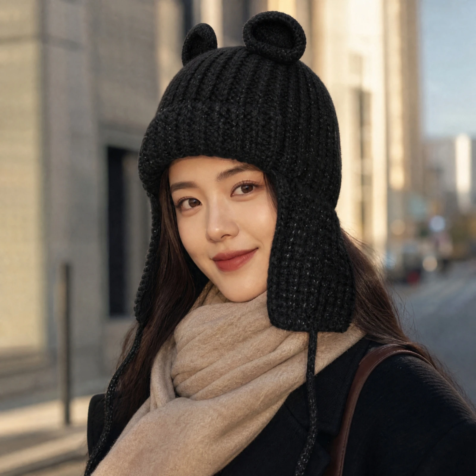 Knitted Winter Earflap Hat with Chin Ties Warm Ribbed Knit Earflap Hat with Bear Ears Winter Beanie with Ear Flaps Cute Soft