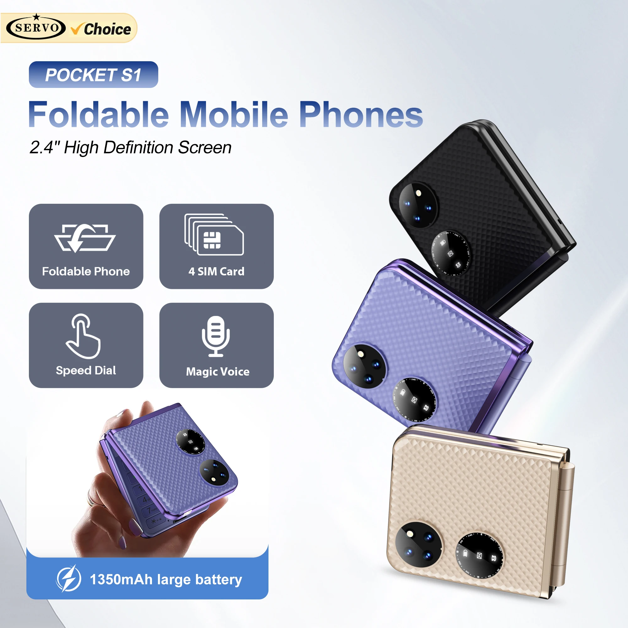 SERVO Pocket S1 Flip Mobile Phone 4 SIM Cards Call Recording Magic Voice Speed Dial Flashlight 2G GSM Foldable Button Cellphones