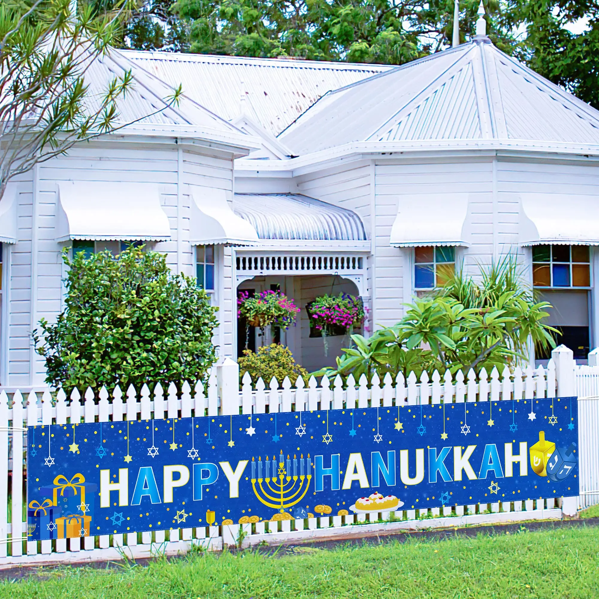 Happy Hanukkah Banner Chanukah Star of David Menorah Party Decorations for Home Outdoor Yard Sign Festive Decor Party Supplies