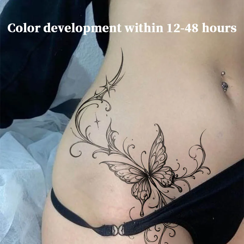 Elegant Thin Line Butterfly Vine Heart Herbal Juice Tattoo Sticker Waterproof Fake Tattoo For Women Hip Waist Sexy Body Art Deca