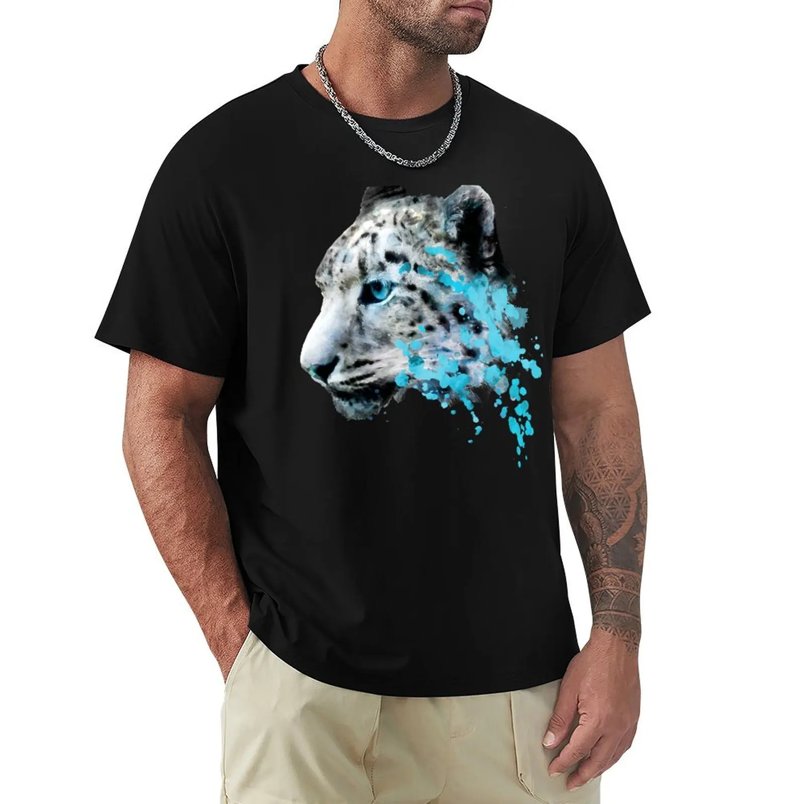 Dramabite Watercolor snow panther leopard artsy watercolour cougar painting T-Shirt plus sizes plain white t shirts men