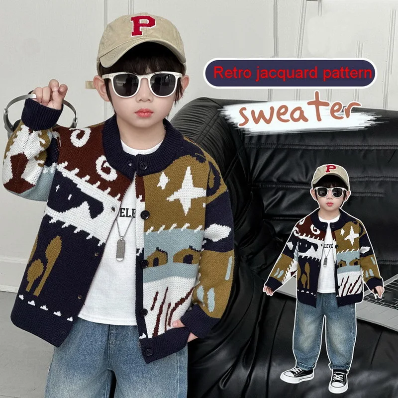 2-10Years Boys Knitted Sweater Cardigan Fashion Children Retro jacquard knitted cardigan Spring Autumn Boys Coat Kids Clothes