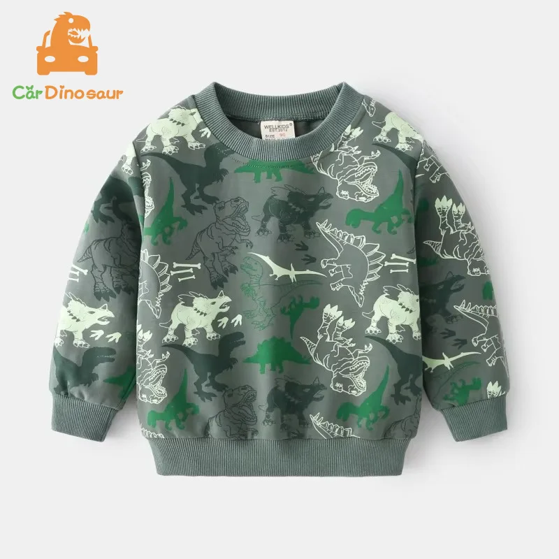 2025 Spring Autumn 2 3 4 5 6 7 8  Years Children Cotton Full Print Dinosaur Kids Children Long Sleeve Tops School Boy Sweatshirt