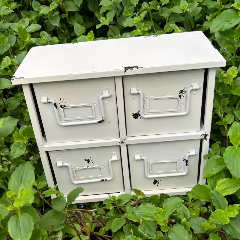 

American Retro Metal Storage Cabinet 4-Drawer Cabinet Courtyard Decorative Item Vintage Industrial Pot Stand, Aged Metal Accent