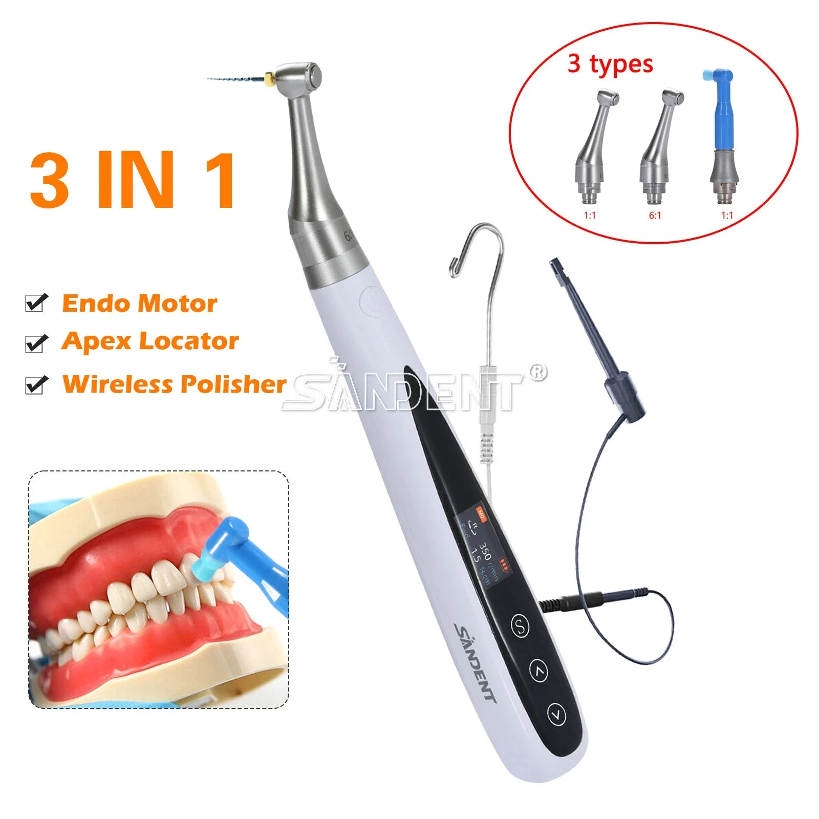 3 IN 1 Dental Brushless Endo Motor With Built-in Apex Locator Root Canal Finder Cordless Wireless Polishing