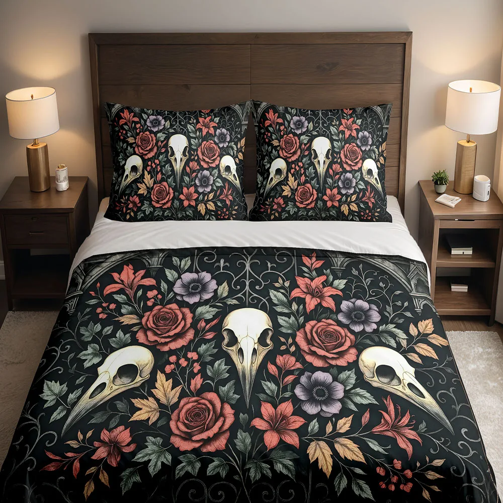 Retro 19s Raven Skull Floral Duvet Cover Set King Queen Double Full Twin Single  Duvet Cover Pillow Case Bed Linen Set