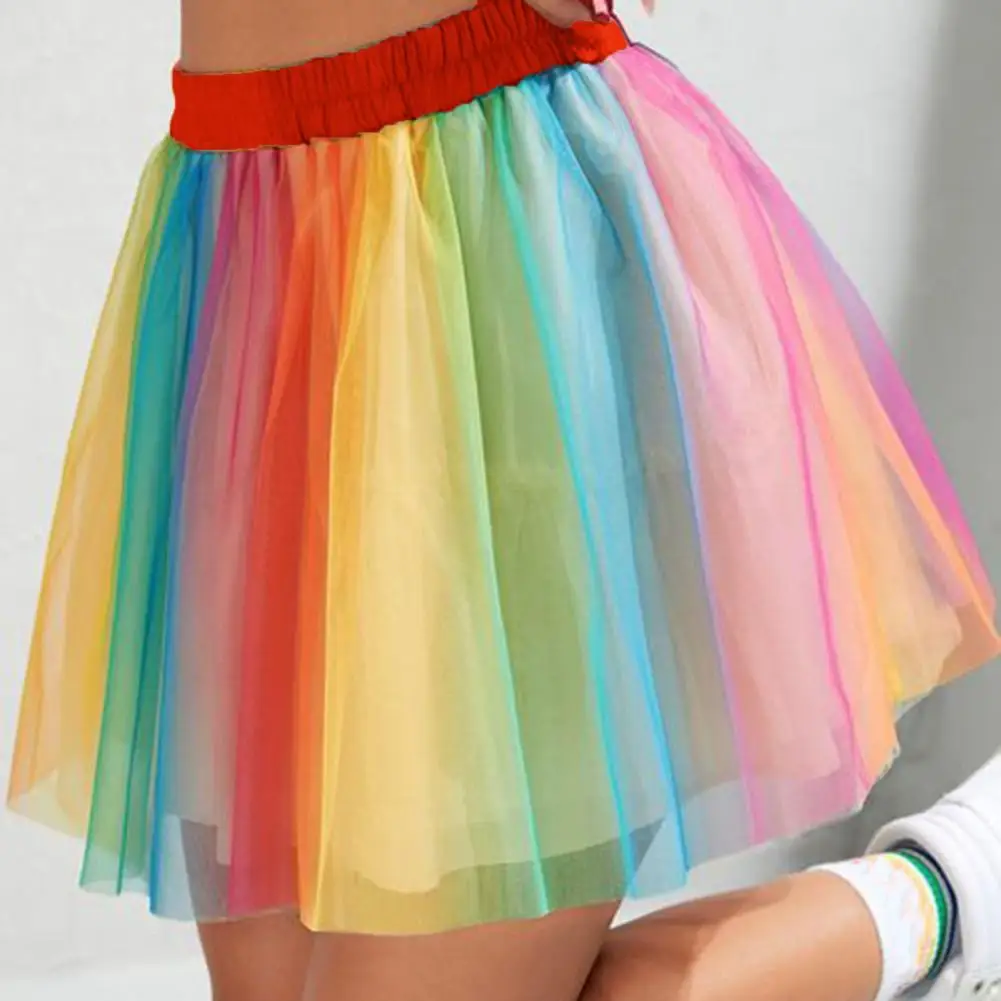 

Elastic Waist Gauze Skirt Elastic Waist Skirt Rainbow Color Multi Layer Mesh Skirt with Elastic Waist Ribbon Edge Women's