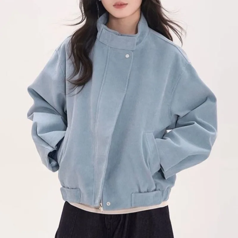 Blue Corduroy Stand Collar Short Jacket for Women Autumn New Collar Snap Design Niche Temperament Coat Top for Women Streetwear