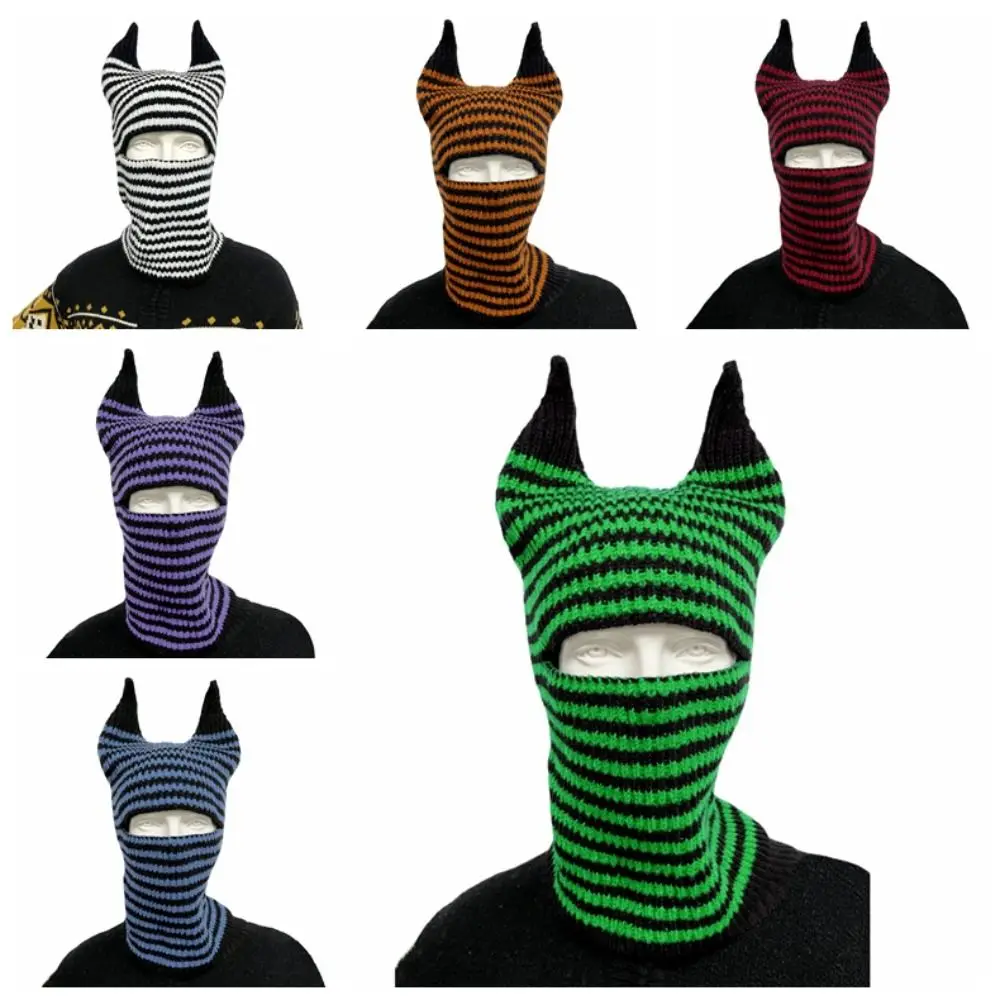 Pile Cap Cow Horn Cow Horn Knitted Hat Stripe Letter Cap Riding Mask Baotou Hat Turban Warm Neck Cover Winter Scarf