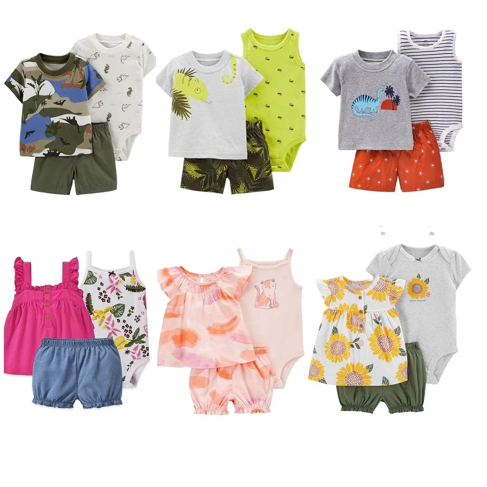 Newborn Baby Girl Boy Clothing Set 2021 Summer Floral Animal Printed Cotton Bodysuit Tops Shorts 3PCS Baby Clothes Outfit Sets