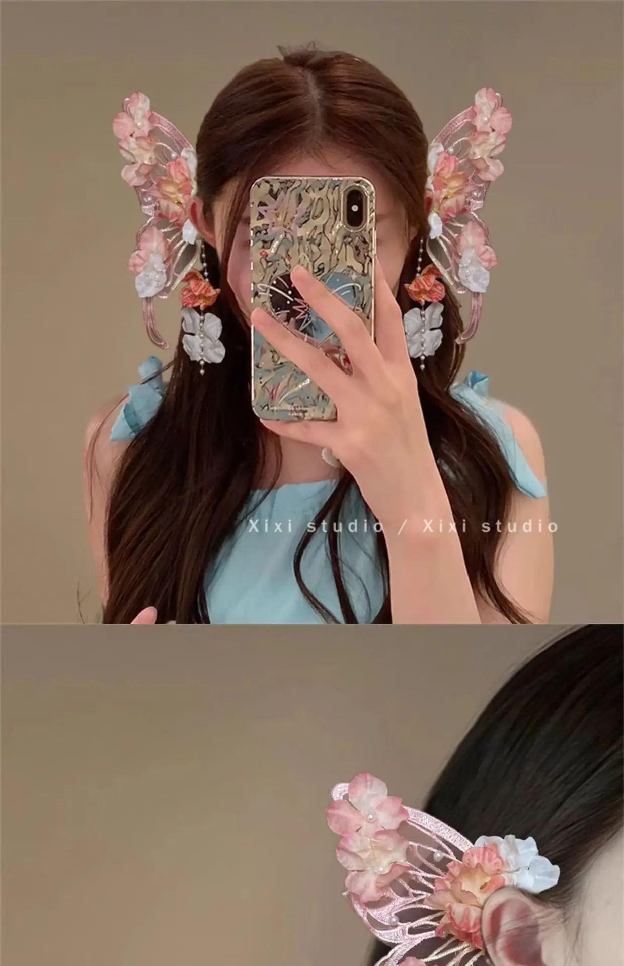 Große Schmetterlings-Seidenblumen-Haarspange - Ätherische Feenprinzessin-Haarnadel für Hanfu & Traditionelle Chinesische Tracht – Detail 9
