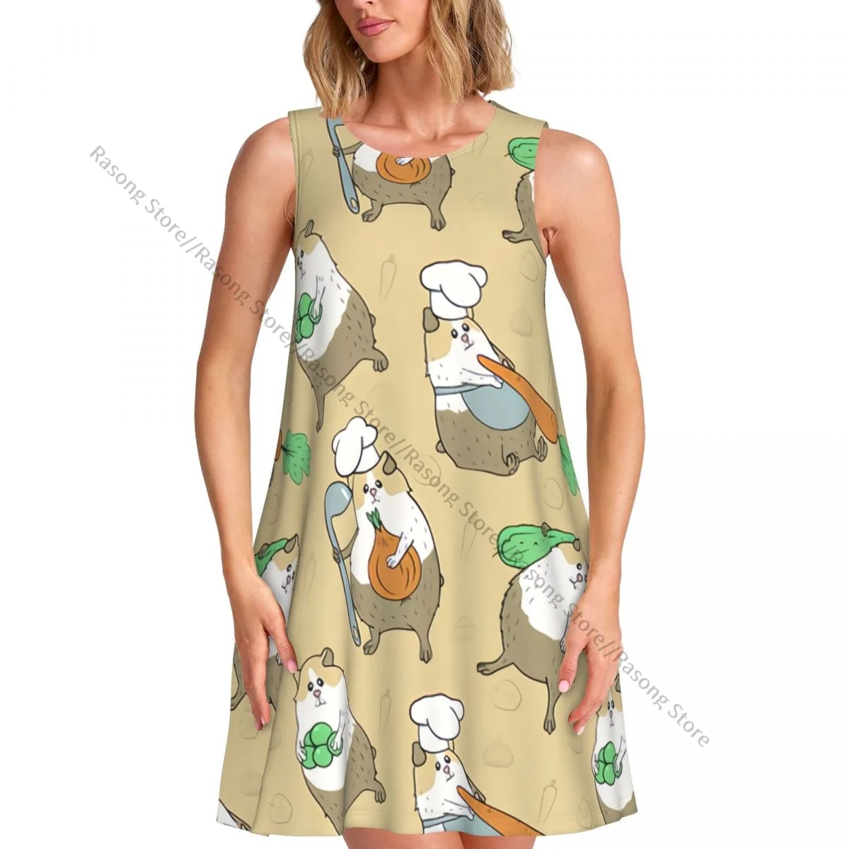 Vestido sin mangas con cuello redondo, conejillos de indias con verduras, vestido informal hasta la rodilla para mujer, vestidos largos